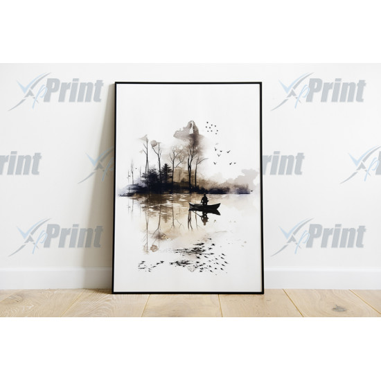 Fishing Boat Out On a Lake Abstract Illustration Art Print