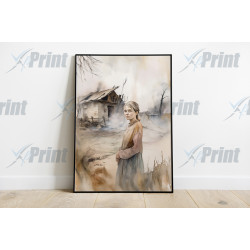 Depiction of Young Girl Stood Alone in War Torn Village Art Print